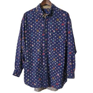 VINTAGE Catalina Shirt L Shield Crest Pattern Blue Cotton Button Up Mens